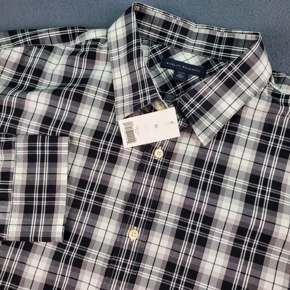 Banana Republic‎ Mens XL Long Sleeve Button Up Shirt Plaid Black White Casual